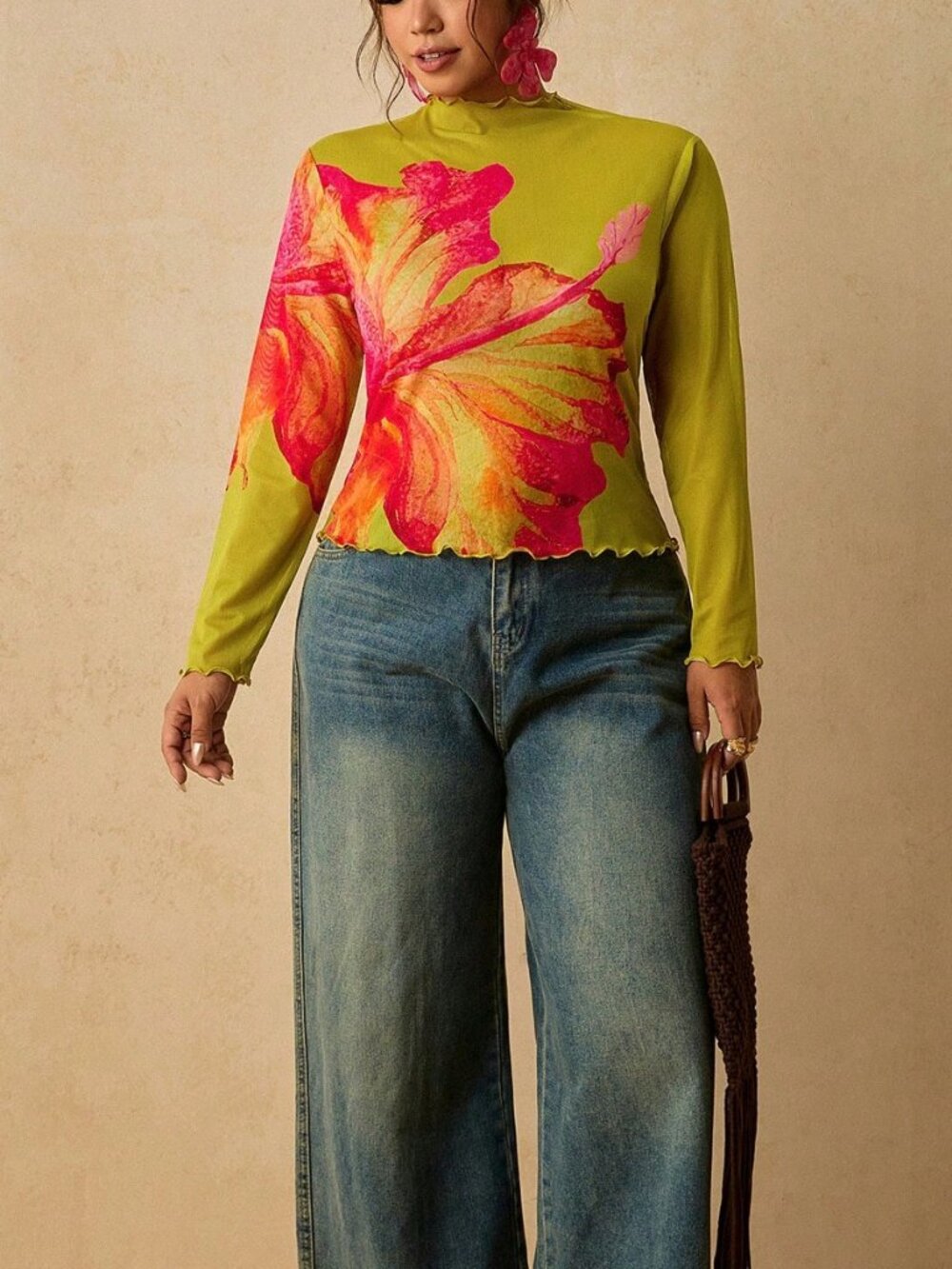 Green Floral Print Casual Women's Plus Size Long Sleeve Base Layer Top - Picture 6 of 7